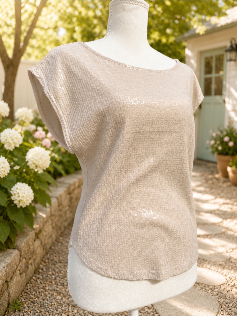 Kirra Neutral Beige Sequin Cap-Sleeve Blouse